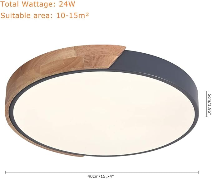 EDISLIVE Ceiling Light Dimmable 15 inch Modern Minimalist LED Round Shaped Wood & Metal & Acrylic Flush Mount Ceiling Light with Remote Control Gray