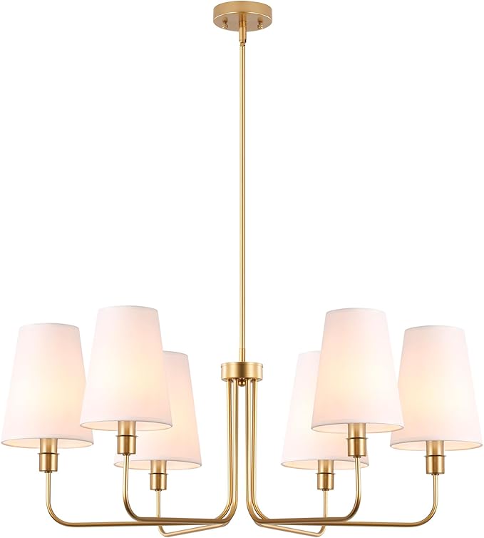 35.4in Gold Chandelier with Linen Fabric Shade 6-Light Modern Farmhouse Chandeliers for Dining Room Classic Island Lighting Adjustable Height Pendant Light for Dining Table Bedroom, E12