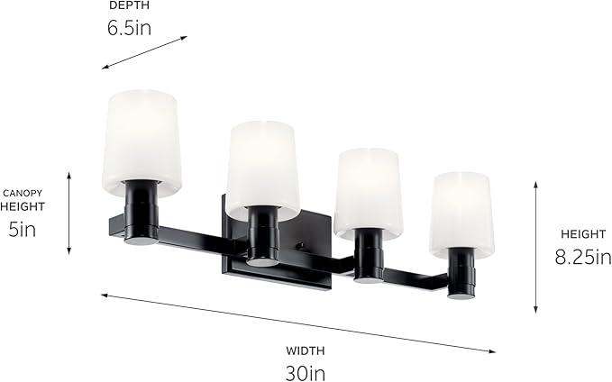 Kichler Adani 4-Light Bathroom Vanity Light Fixture with Opal Glass in Black, Modern Wall Mount Lighting for Bathroom Over Mirror and Vanity (8.25 in x 30 in), 55177BK