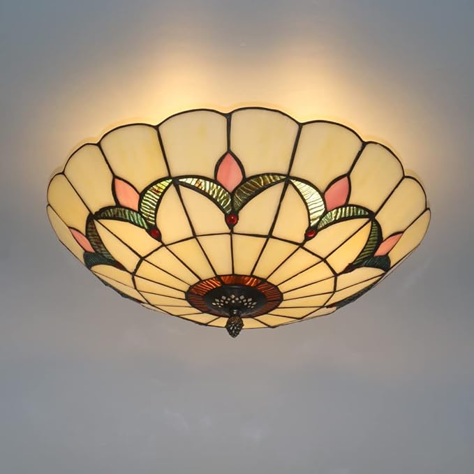 16 Inch Vintage Chandeliers Light Tiffany Style Ceiling Light Stained Glass Flush Mount Ceiling Lighting Fixture Lamp (16 Inch 40CM Y)
