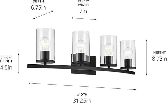 Kichler Crosby 31.25" 4-Light Bathroom Vanity Light Fixture with Clear Glass in Black, Modern Wall Mount Light for Bathroom Over Mirror (31.25" x 8.75"), 45498BKCLR