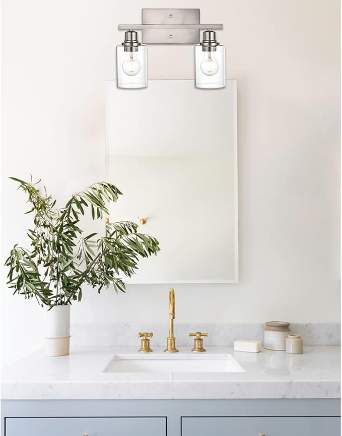 VINLUZ Modern Bathroom Vanity Light,2 Light Industrial Wall Sconces in Brushed Nickel Finish Indoor Metal Base Wall Mounted Fixture with Clear Glass Shade