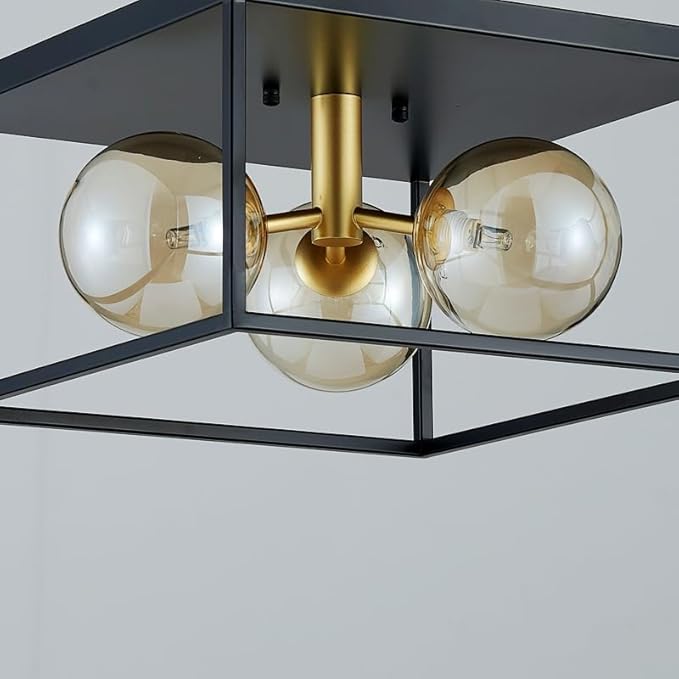 AGV LIGHTING Flush Mount Ceiling Light Fixture Black and Brass Gold with Amber Glass Bubble Shades 3-Light Industrial Modern Ceiling Lamp for Bedroom Kitchen Living Room Dining Room