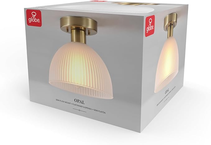 Globe Electric 1-Light Semi-Flush Mount Ceiling Light, Matte Brass Finish, Frosted Ribbed Glass Shade, Dimmable, E26 Base, Modern Glam Design, 66000129