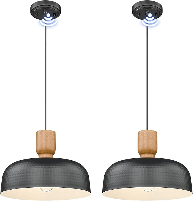 2 Pack Industrial Pendant Lights 2 Pack Blue, 12.4 inch Farmhouse Pendant Light with Dusk to Dawn Sensor, Adjustable Hanging Light Fixtures with Hammered Metal Shade for Kitchen Island
