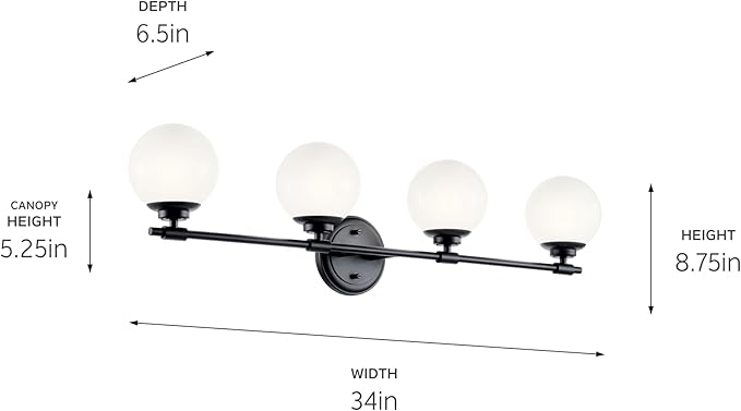 Kichler Benno 4-Light Vanity, Modern Light with Opal Glass in Black, for Bathroom or Powder Room (8.75" x 34"), 55173BK
