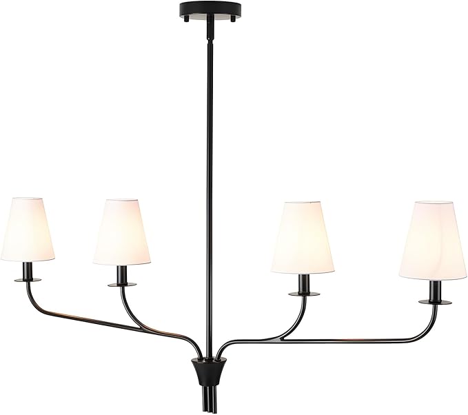 Modern 42" Linear Chandelier for Kitchen Island & Dining Room - 4-Light Black Finish with White Fabric Shades, Adjustable Hanging Pendant Light Fixture, E12
