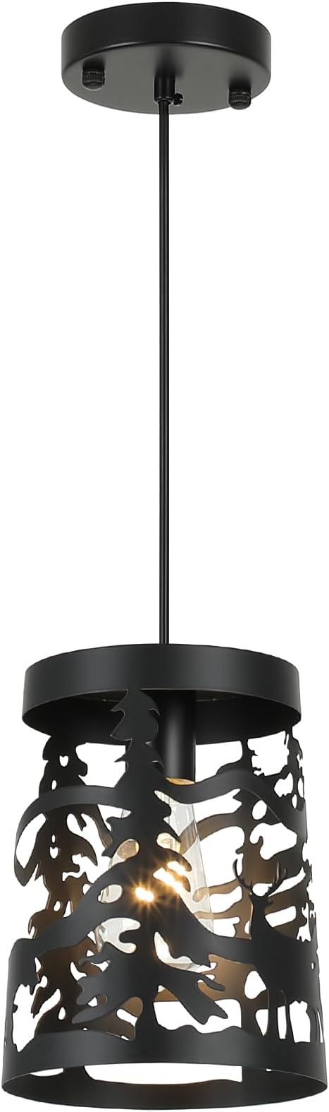Rustic Pendant Lights with Bear and Deer Design, 1-Light Black Round E26 Base Cage Metal Fixture Adjustable Hanging Height for Kitchen Island, Hallway, Dining Room, Foyer, Bedroom