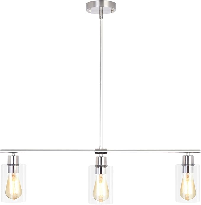 3-Light Kitchen Island Lighting, Farmhouse Dining Room Light Fixtures Over Table, Modern Brushed Nickel Island Lights Over Island, Linear Chandelier Hanging Ceiling Pendant Light Fixtures for Kitchen
