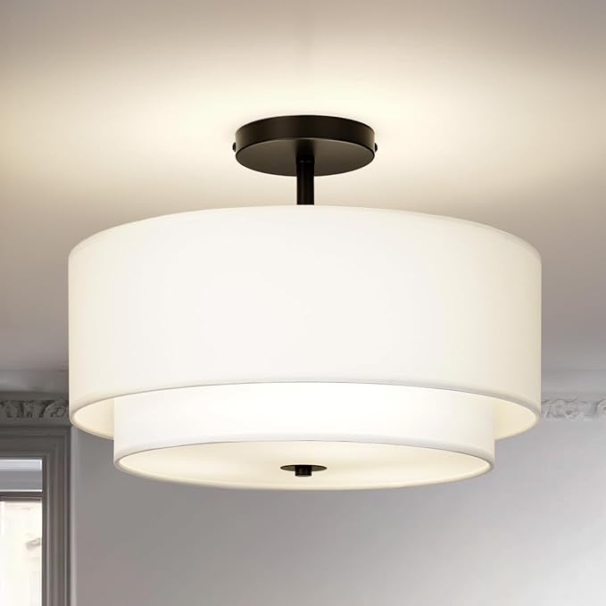 16" Dual Drum 3-Light Semi Flush Mount Ceiling Light, White Classic Fabric Linen Shade Design for Living Room, Bedroom, Kitchen, Dining Room, Hallway and Entryway
