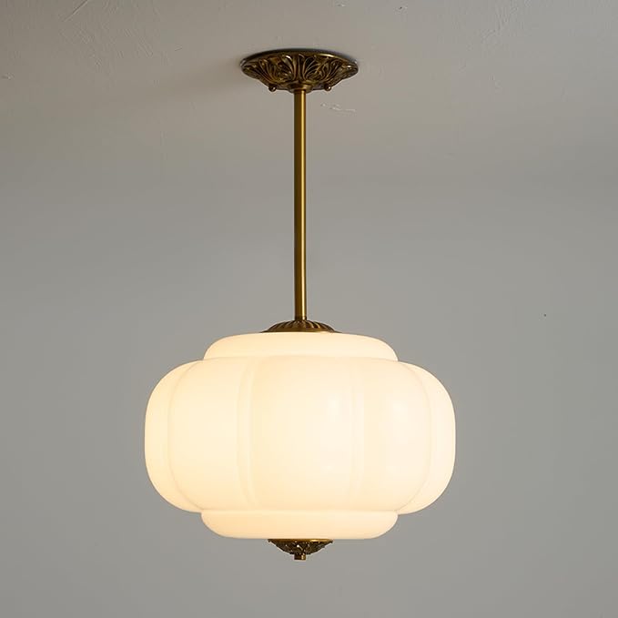 Milk Glass Ceiling Light Fixture,Milk Glass Pendant Light ,Semi Flush Mount Pendant Light Vintage Schoolhouse Ceiling Light for Kitchen Island, Living Room, Dining Room, Bedroom (White, 15 Inch)