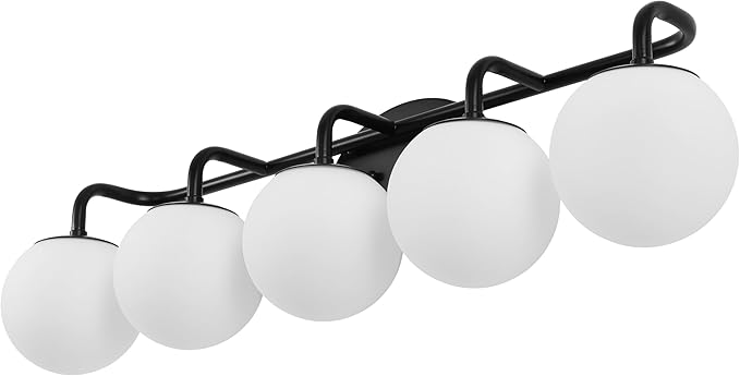 JONATHAN Y 33" Black Modern Globe Wall Sconce Vanity Light for Bathroom, White Frosted Glass Shade, Midcentury Parisian Bistro Wall Lamp, LED Bulb Included (JYL3559B)