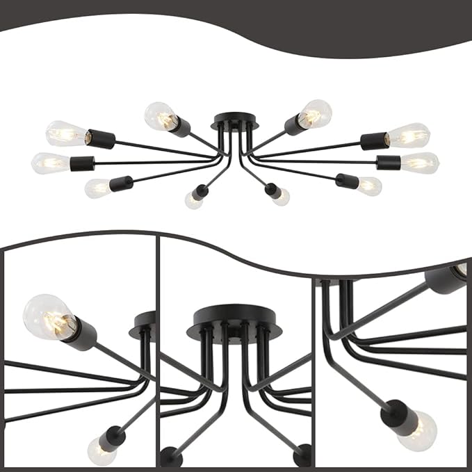 10 Lights Ceiling Light Vintage Metal Semi Flush Mount Light Ceiling Lamp Black Chandelier Lighting Fixture for Living Room Dining Room Kitchen Hallway Cafe