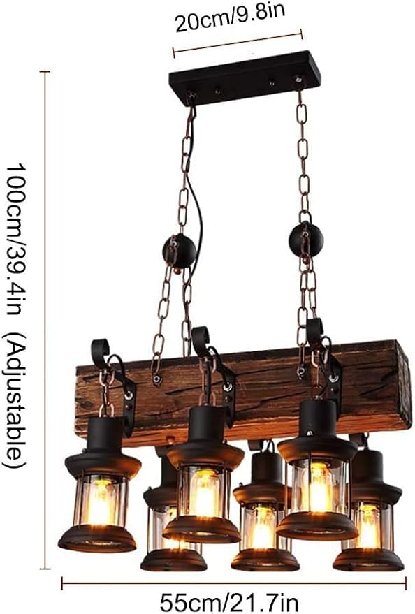 Wood Retro Vintage Pendant Lamp Industrial Metal Hanging Lamp Height Adjustable E27 6-Lights Retro Pendant Lamp Hanging Lamp Black for Kitchen Coffee Shop Dining Living Room Loft Rustic Ceiling