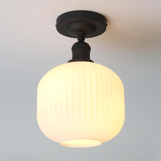 Pathson Vintage Flush Mounted Ceiling Light with Milk White Glass, Modern Ceiling Lamp Fixture for Farmhouse Hallway Foyer Loft Living Room Bedroom Matte Black Finished