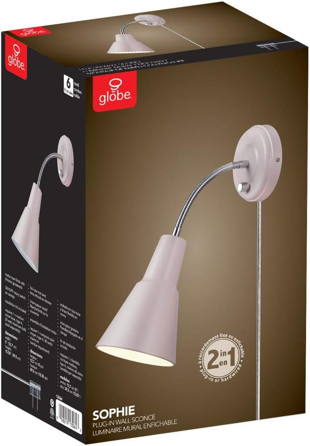 Globe Electric 13064 Sophie 1-Light Plug-in or Hardwire Wall Sconce, Chrome Gooseneck, Matte Rose, 6ft Clear Cord, Bulb Not Included