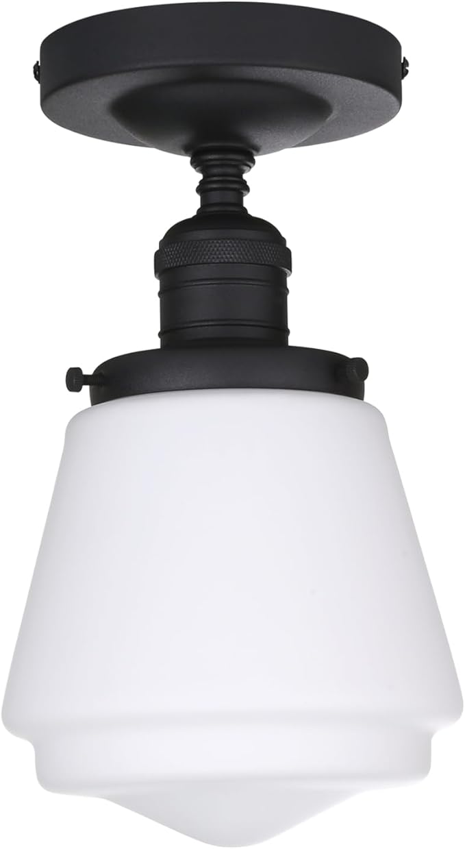 Industrial Semi Flush Mount Ceiling Light with Milk White Glass Pendant Lamp Shade, Vintage Close to Ceiling Light Fixture for Porch, Hallway, Entryway, Kitchen, Bedroom, Hotel