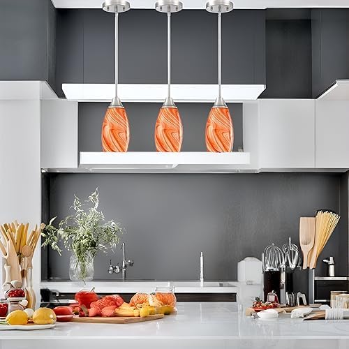 Viinew Mini Glass Pendant Light 4.72" with Handblown Orange Marble Art Glass Hanging Light 3-Pack Oval Ceiling Hanging Light Fixture for Dining Room Kitchen Island Cafe Foyer Hallway
