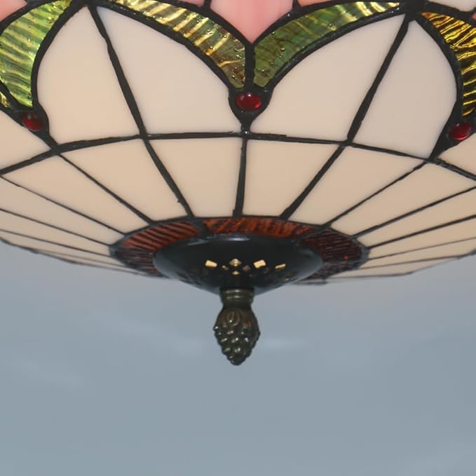 Tiffany Style Ceiling Light 16 Inch Stained Glass Flush Mount Ceiling Light for Bedroom Chandelier Vintage Pendent Light Fixtures (16 Inch White Pink)