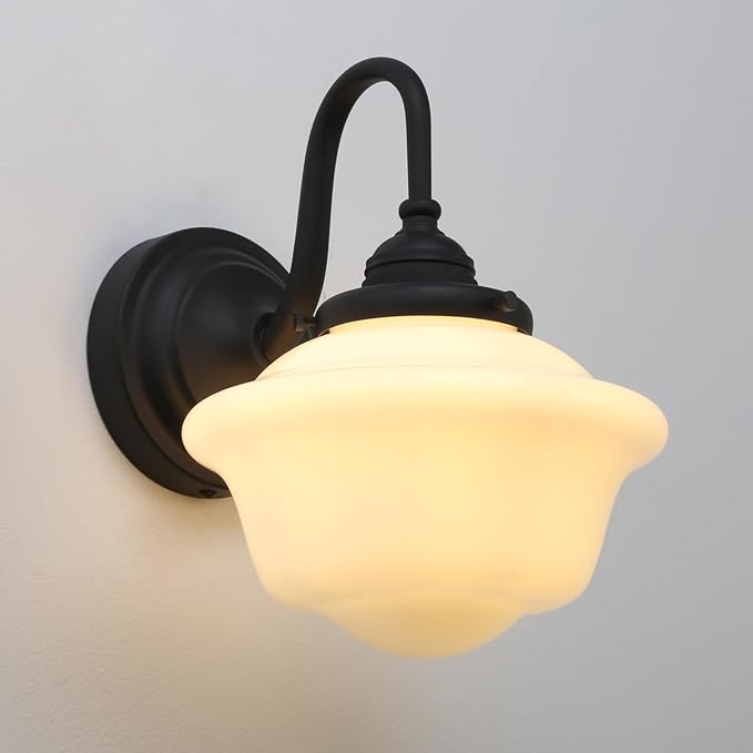Pathson Vintage Wall Sconce with Milk White Glass, Hardwired Swan-Neck Wall Vanity Light Bathroom Sconce Fixture for Living Room, Foyer, Loft, Bedroom, Farmhouse Lamp
