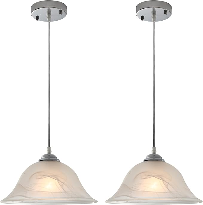 Chrome Pendant Lights Kitchen Island, 11.8 Inch Vintage Alabaster Glass Pendant Lights, White Farmhouse Pendant Light 2 Pack, Glass Pendant Light for Dinning Room, Living Room,Bedroom
