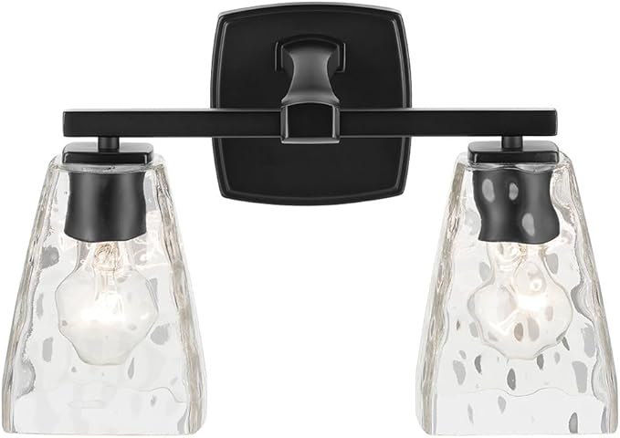 Kichler Marant 2-Light Bathroom Vanity Light Fixture with Clear Water Glass in Black, Modern Wall Mount Light for Powder Room Over Mirror (14.25 x 9.5 in), 55215BKWTR