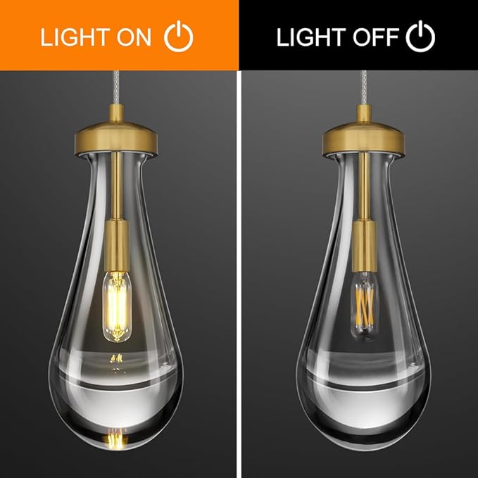 Raindrop Pendant Light Set of 2, Gold 4.7in Clear Glass Teardrop Pendant Lights for Kitchen, Modern Pendant Lights Kitchen Island for Dining Room, Bathroom, Hallway, Adjustable Cord, Bulb Included