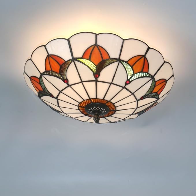 Tiffany Style Ceiling Light 16 Inch Stained Glass Flush Mount Ceiling Light for Bedroom Chandelier Vintage Pendent Light Fixtures (16 Inch White Orange)