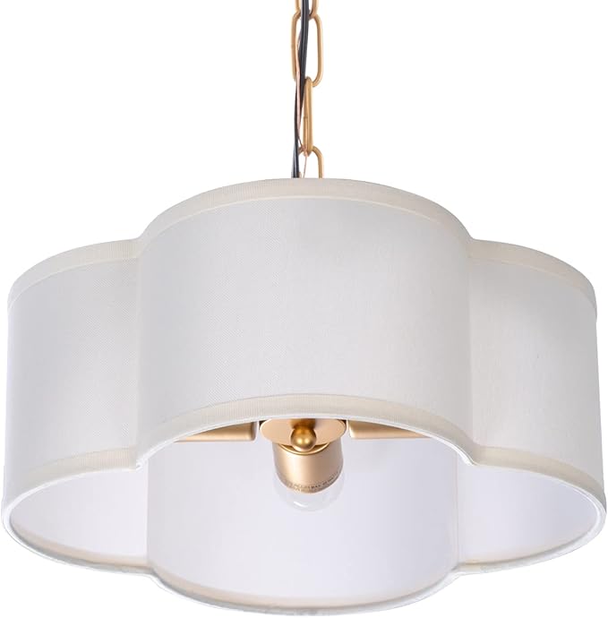 VILUXY Farmhouse Chandelier White Linen Fabric 4 Lights Pendant Light Flower Round Drum Chandelier with Gold Light Fixture for Bedroom Dining Room Living Room