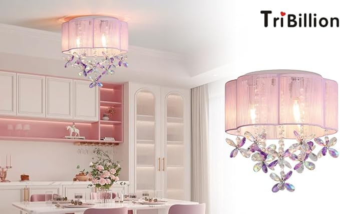 3 Light Bedroom Chandelier Ceiling Light Pink Lamp 13" Small Crystal Mini Chandelier Flush Mount Ceiling Light with Handmade Flower Lampshade for Girls' Bedroom,Closet,Nursery,Dinning Room Purple