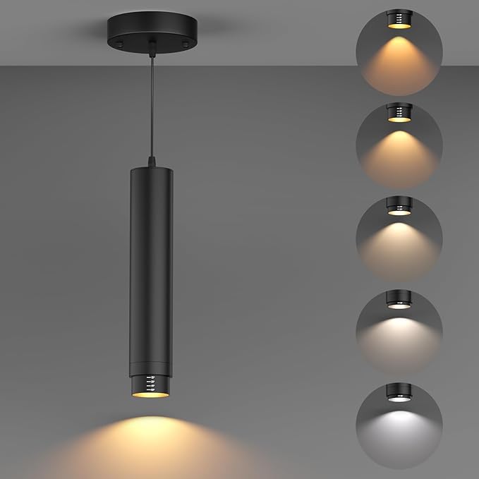 Remote Control LED Pendant Lights with Adjustable Cord, Dimmable Hanging Pendant Lighting Fixtures for Kitchen Island Over Table, Zoomable 2700K-6000K, CRI97+ 10W 1000LM, Black (1 Pack)