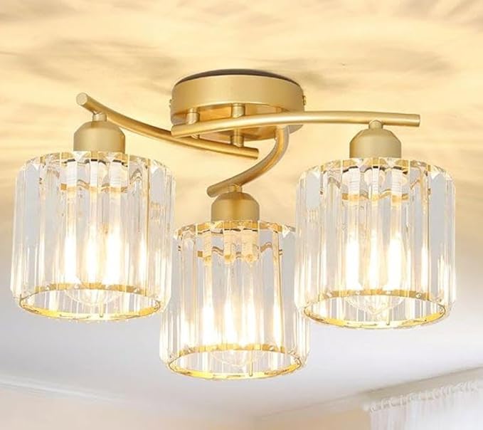 Crystal Close to Ceiling Light Fixtures,3-Light Gold Modern Semi Flush Mount Ceiling Light,Kitchen Light Fixture with Clear Crystal Shades,Hallway Lighting Fixture for Entryway Bedroom Bathroom