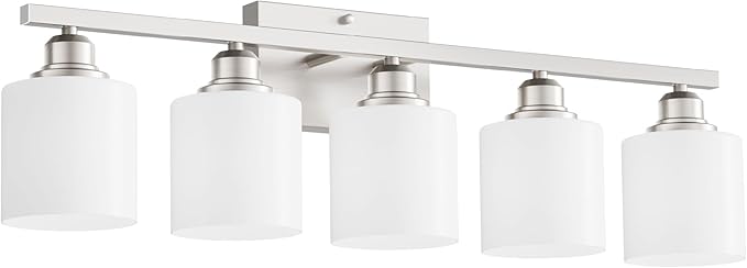 Sailstar 5-Light Bathroom Light Fixture, Brushed Nickel Vanity Lights Over Mirror, Anti-Rust, White Glass Shades, E26 Base, Bulb Not Included