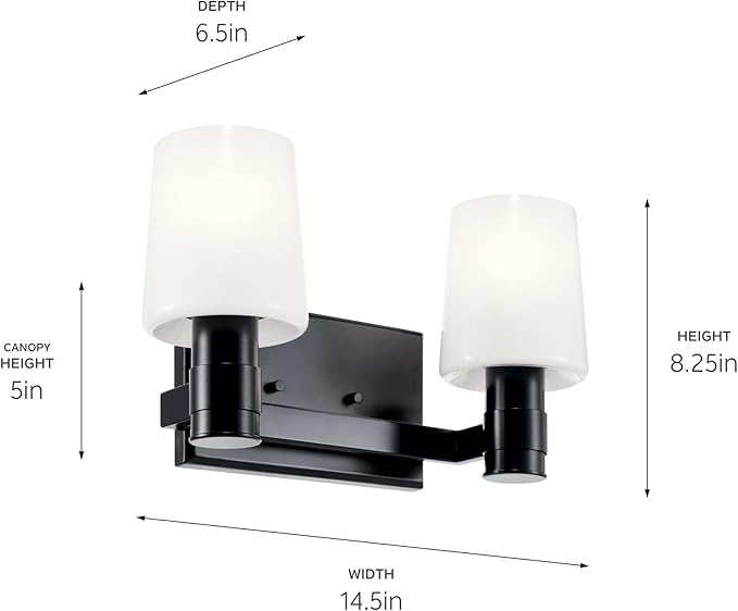 Kichler Adani 2-Light Bathroom Vanity Light Fixture with Opal Glass in Black, Modern Wall Mount Light for Powder Room or Bathroom Over Mirror (8.25" x 14.5"), 55175BK