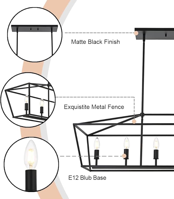 6-Lights Kitchen Island Pendant Lighting in Black Finish, 42-Inches Width Farmhouse Light Fixtures Ceiling Hanging for Dining Room Pool Table