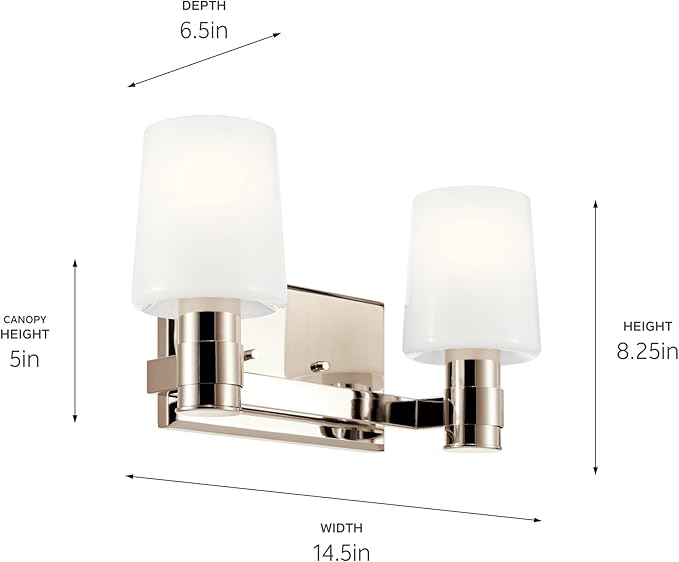 Kichler Adani 2-Light Bathroom Vanity Light Fixture, Modern Wall Mount Light with Opal Glass in Polished Nickel for Powder Room or Mirror Lighting (8.25" x 14.5"), 55175PN