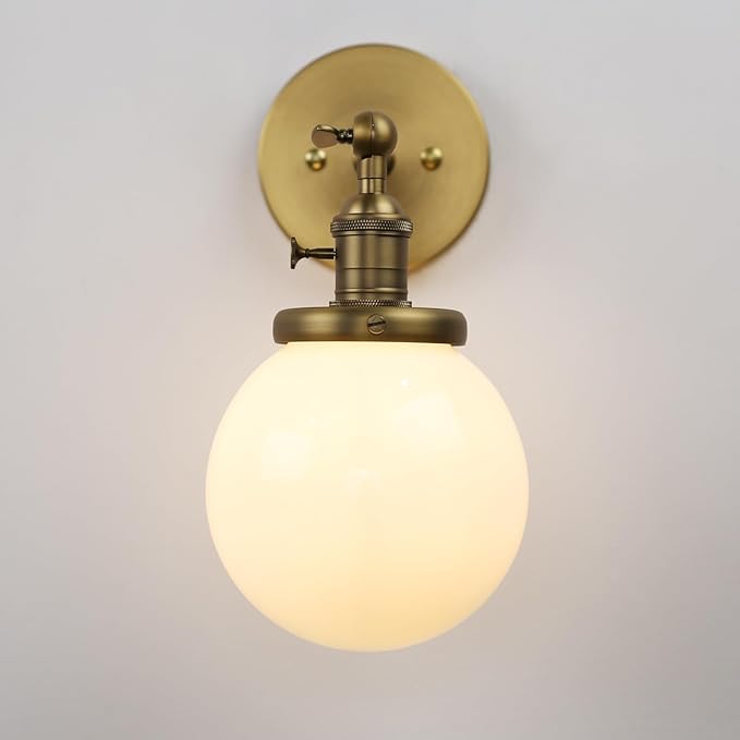 Pathson Hardwired Wall Sconce with White Globe, Brass Bathroom Vanity Light with On Off Switch, Vintage Wall Light Fixtures for Living Room Loft Hallway