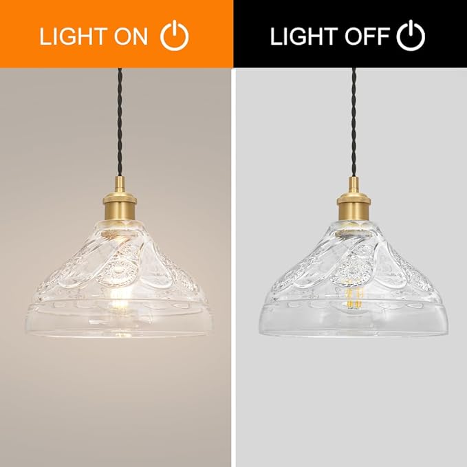 Vintage Pendant Lights for Kitchen with Clear Embossed Glass Shade, Brushed Gold Pendant Lights Kitchen Island, Adjustable Light Pendant Hanging Light for Entrance Bedroom Hallway,E26 Socket