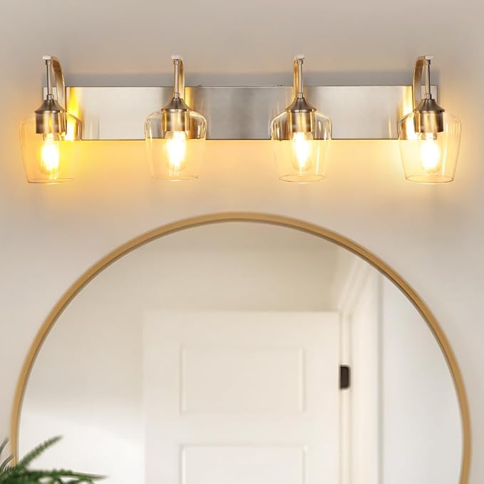 4-Light Brushed Nickel Vanity Light with Clear Glass Shade, 33.07'' Modern Wall Lights for Bathroom, Bedroom, Hallway, Living Room (E26 Base)