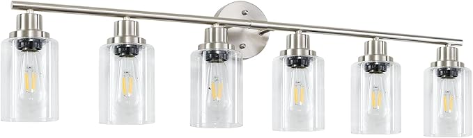 6-Light Nickel Bathroom Vanity Lights, E26 Modern Bathroom Light Fixtures with Clear Glass Shade, Wall Lamps for Mirror Hallway Kitchen Cabinet Living Room Sconces Lights
