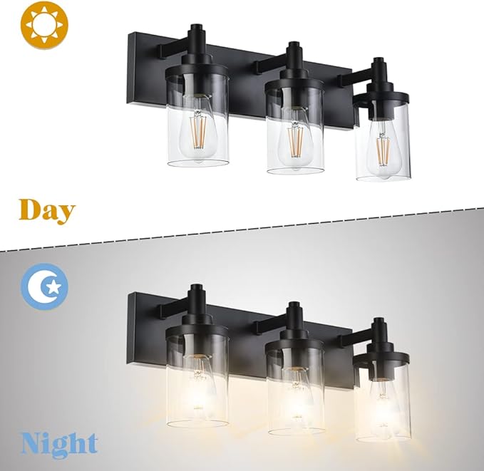 Modern Vanity Lighting,3 Light Matte Black Bathroom Light, Vintage Wall Sconces Lighting with Clear Class Shade Industrial Bath Wall Mounted Lights for Mirror, Living Room, Bedroom Hallway