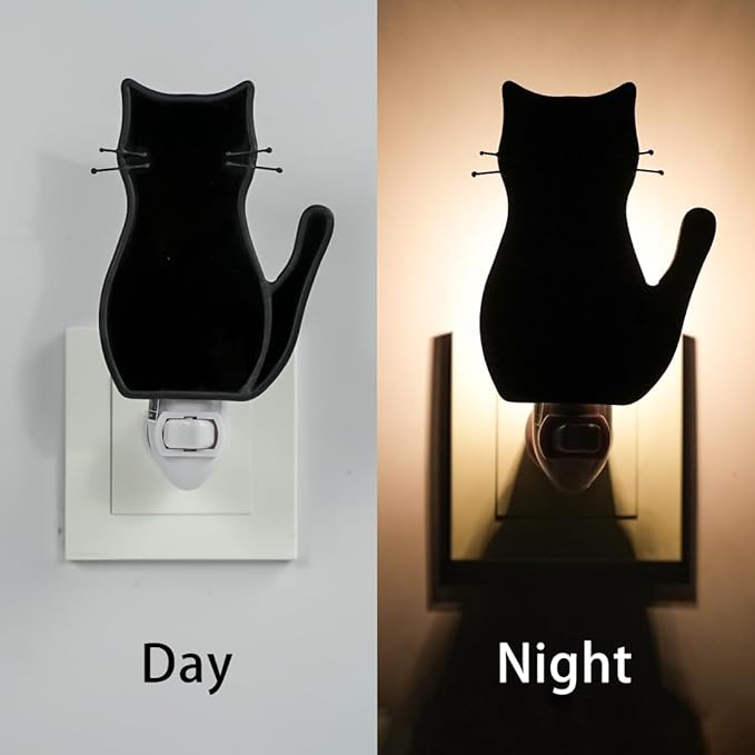 BOXCASA Black Cat Night Light,Stained Glass Cat Night Light with Bulb,Warm Yellow Plug in Nights Lights Suitable for Bedroom Livingroom Hallway Kitchen Stairs Kids Room