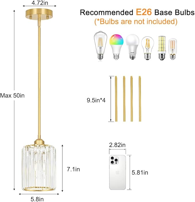 Lxybcce Gold Kitchen Pendant Lights Over Island with Adjustable Rods - Crystal Pendant Lighting Fixtures 3 Pack, Ideal Over Dining Table or Bar, E26 Bulb Compatible, No Electrician Needed