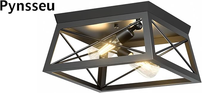 Pynsseu Industrial Ceiling Light, 2 Lights Farmhouse Semi Flush Mount Ceiling Fixture for Kitchen Island Dining Room Bedroom Foyer Hallway, 1 Pack, Black