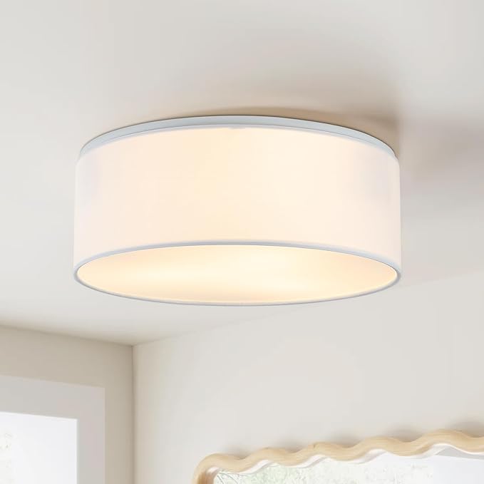 Luupyia 3-Lights Drum Ceiling Light Fixture 12.6 Inches, White Semi Flush Mount Ceiling Lighting with Fabric Drum Shade, Farmhouse Chandeliers for Bedroom, Hallway, Entry, Foyer E26 60W