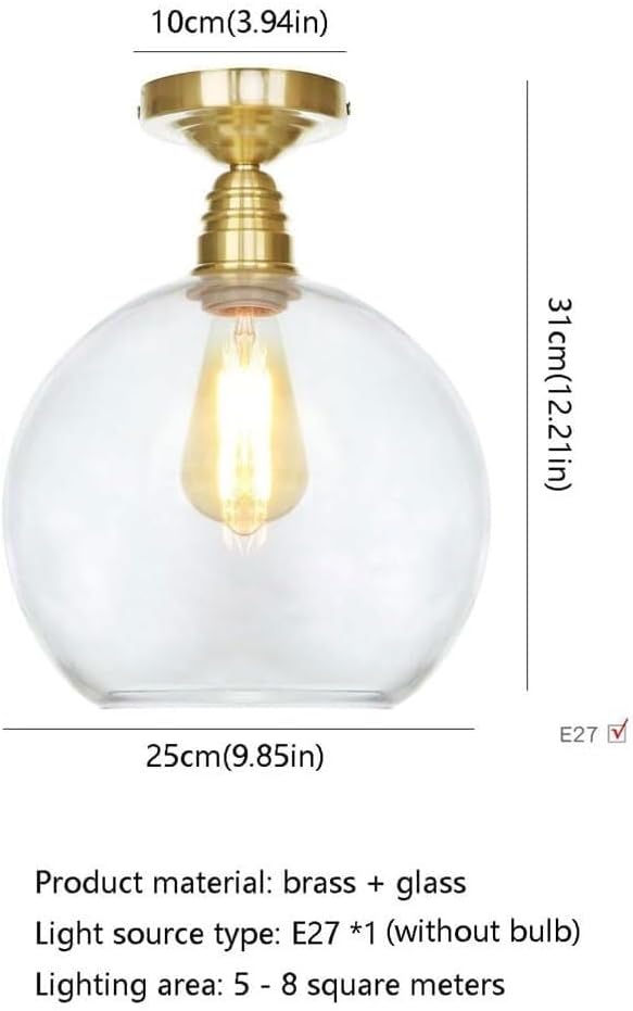Modern Brass Semi-Flush Mount Ceiling Light, 1-Light Glass Shade Ceiling Lighting, Minimalist Home Kitchen Close to Ceiling Lamp,Nordic Bedroom Entryway Ceiling Light Fixture(Cognac,25CM)