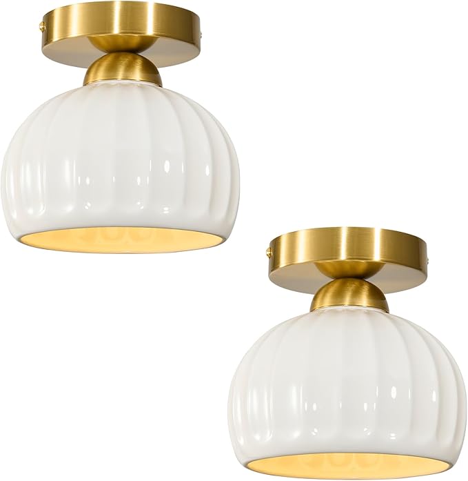Glaze Ceramic Semi Flush Mount Ceiling Light - 2 Pack, Vintage Gold Hallway Light Fixtures, Milk White Globe Ceiling Lights, Mid Century Small Light Fixture for Cottage Entryway Laundry Room Foyer