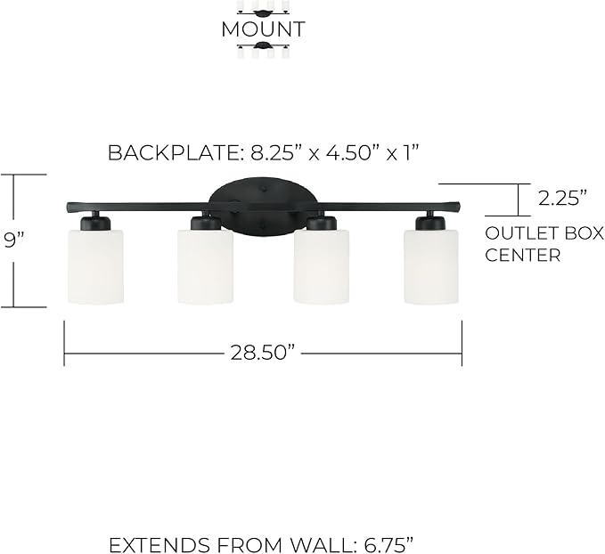 HomePlace by Capital Lighting 115241MB-338 Dixon Modern Soft White Glass Bathroom Vanity Wall Light, 4-Light 400 Total Watts, 9" H x 29" W, Matte Black