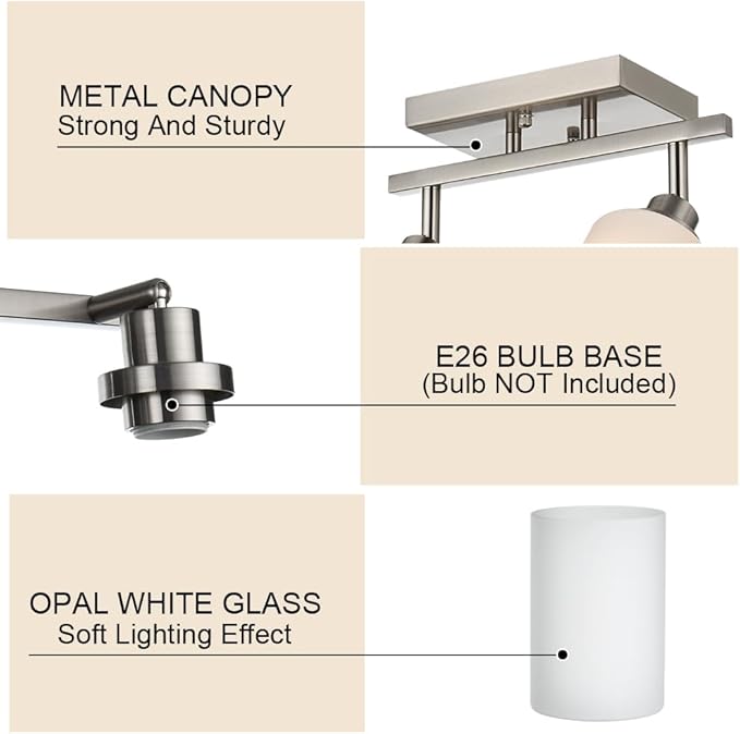 TODOLUZ Track Lighting Fixtures Ceiling, 3-Lights Brushed Nickel Wall Ceiling Spot Lighting with Opal White Glass, E26 Bulb Base