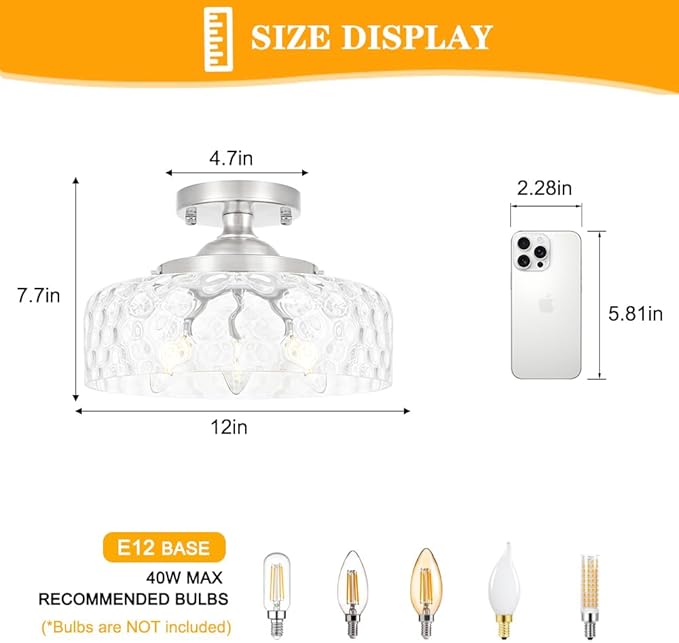 Brushed Nickel Semi Flush Mount Ceiling Light, 3-Light Ceiling Light with Hammered Glass, Vintage Hallway Light Fixtures, Kitchen Flush Ceiling Mount for Entryway Bedroom Bathroom,E12